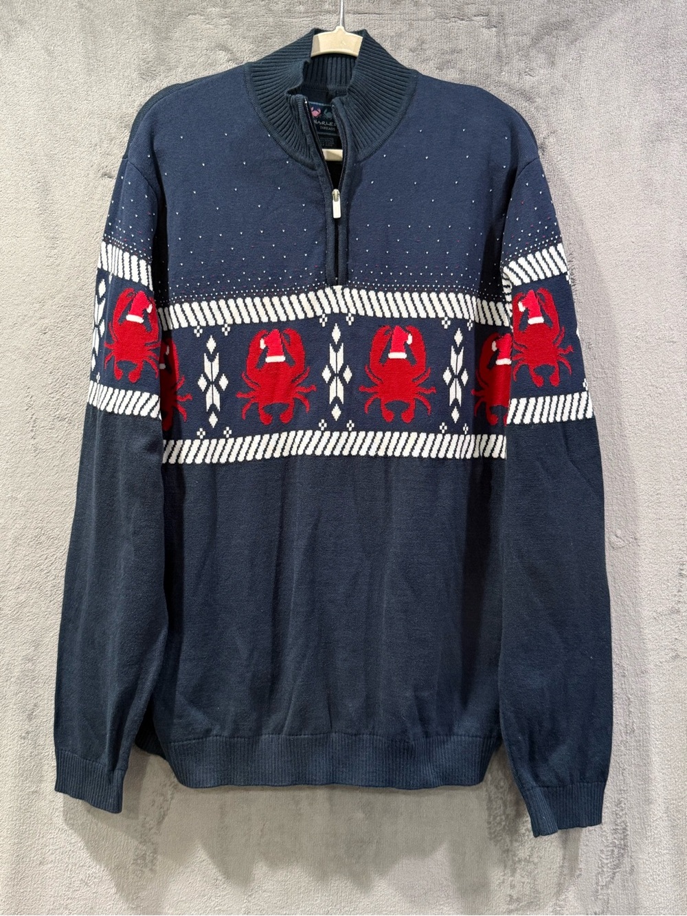 Charleston Threads 1/4 Zip Pullover Mens Size XL Navy Blue Crabs Holiday Festive